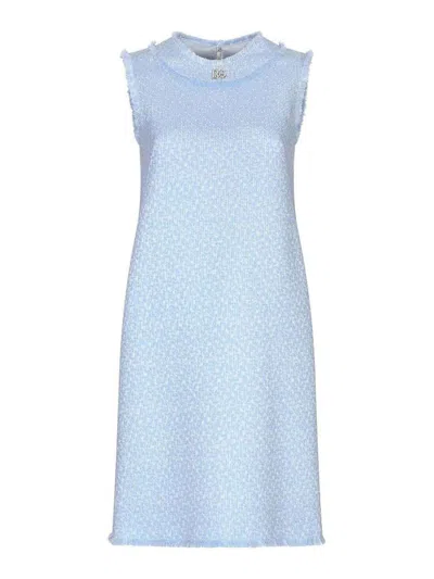 Dolce & Gabbana Light Blue Sleeveless Raschel Tweed Dress With Dg Logo In Nude & Neutrals