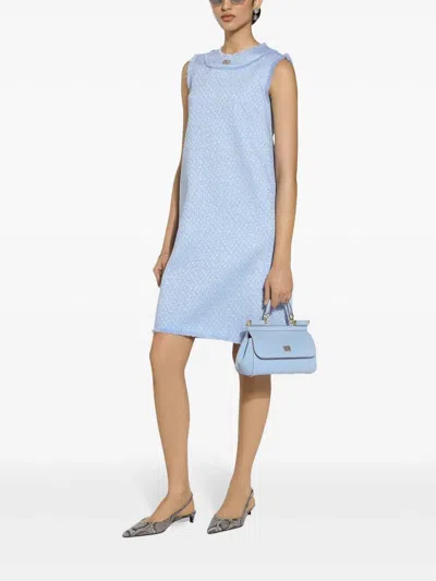 Dolce & Gabbana Light Blue Sleeveless Raschel Tweed Dress With Dg Logo In Nude & Neutrals