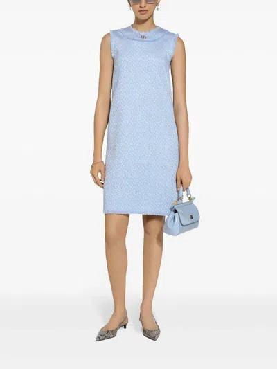 Dolce & Gabbana Light Blue Sleeveless Raschel Tweed Dress With Dg Logo In Nude & Neutrals