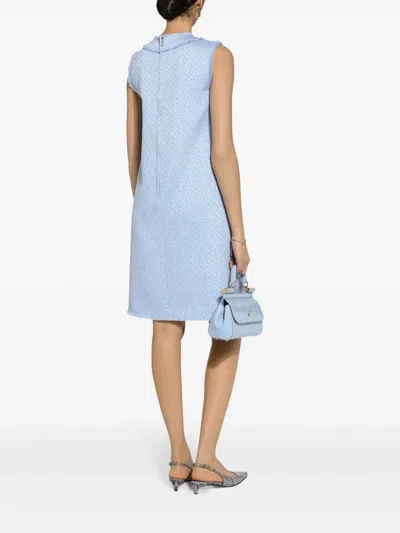 Dolce & Gabbana Light Blue Sleeveless Raschel Tweed Dress With Dg Logo In Nude & Neutrals