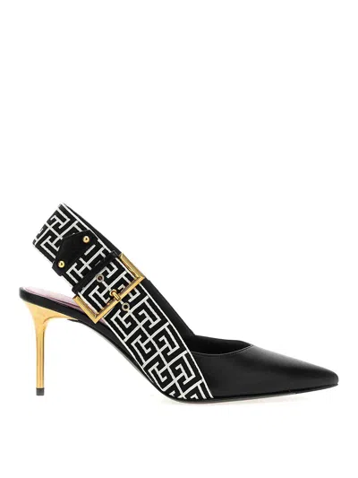 Balmain Ruby Stiletto Slingbacks In Calfskin And Pb Labyrinth Canvas In White