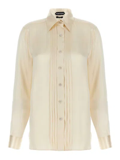 Tom Ford Silk Shirt With Pleated Detail And Pointed Collar In Pink