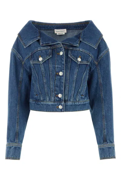 Alexander Mcqueen Stonewashed Denim Crop Jacket In Blue
