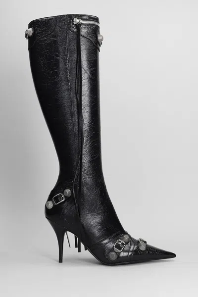 Balenciaga Cagole White Pointed High-boots With Studs And Buckles In Leather Woman In Black