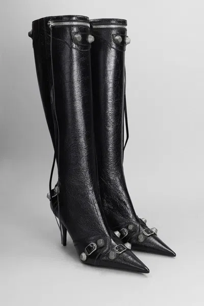 Balenciaga Cagole White Pointed High-boots With Studs And Buckles In Leather Woman In Black