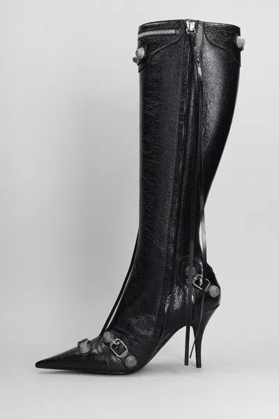 Balenciaga Cagole White Pointed High-boots With Studs And Buckles In Leather Woman In Black