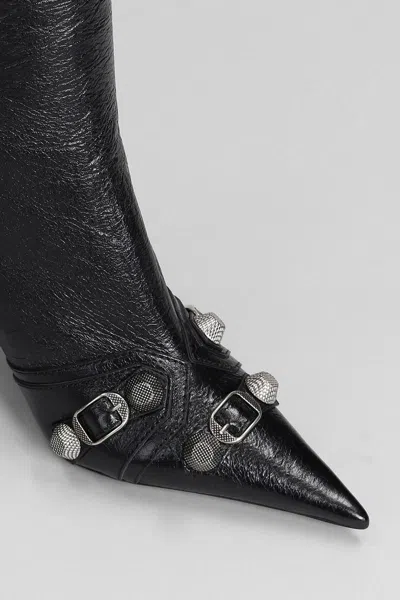 Balenciaga Cagole White Pointed High-boots With Studs And Buckles In Leather Woman In Black