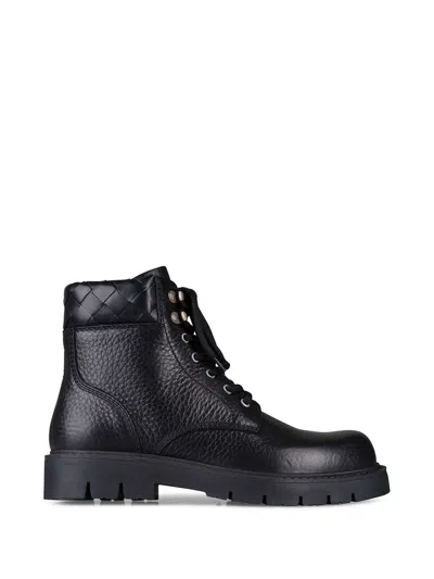 Bottega Veneta Black Grained Calf Leather Haddock Lace Up Ankle Boots In Black