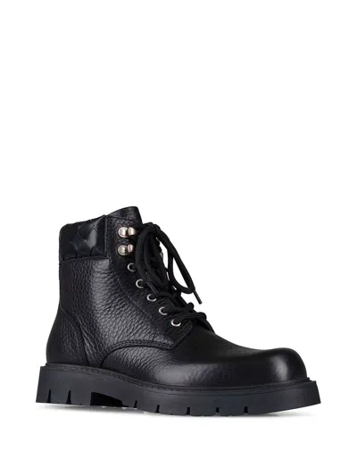 Bottega Veneta Black Grained Calf Leather Haddock Lace Up Ankle Boots In Black