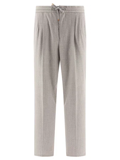 Shop Brunello Cucinelli Trousers With Drawstring And Double Pleats In Grey