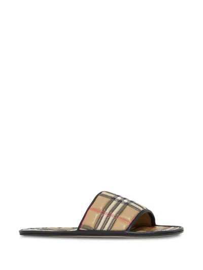 Shop Burberry "check" Quilted Flat Slides In Beige