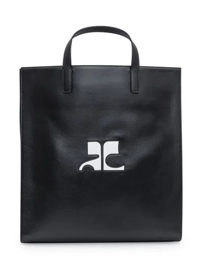 Shop Courrèges Reedition Tote Bag In Calfskin Leather With Logo In Black