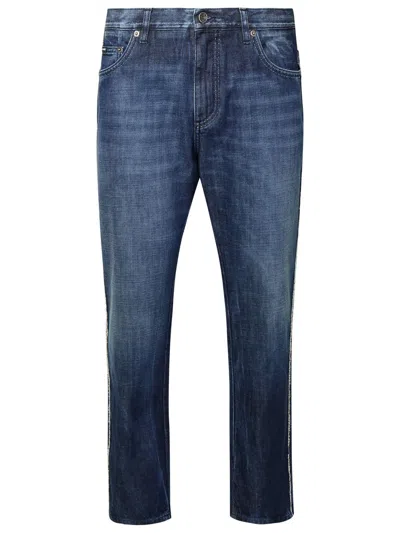 Dolce & Gabbana Faded Stitched Cotton Jeans With Back Pockets In Blue