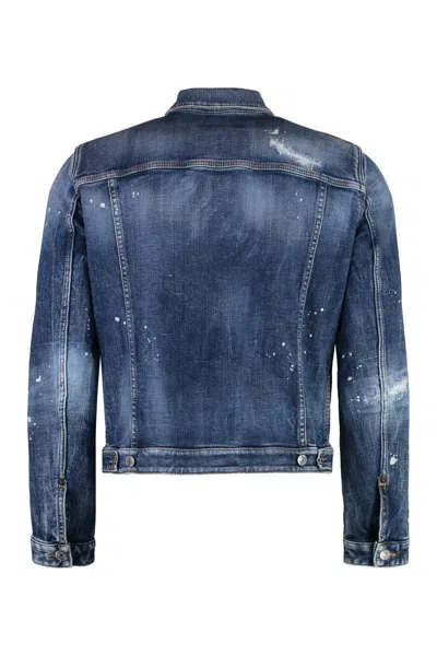 Dsquared2 Paint Splatter Printed Distressed Denim Jacket In Navy