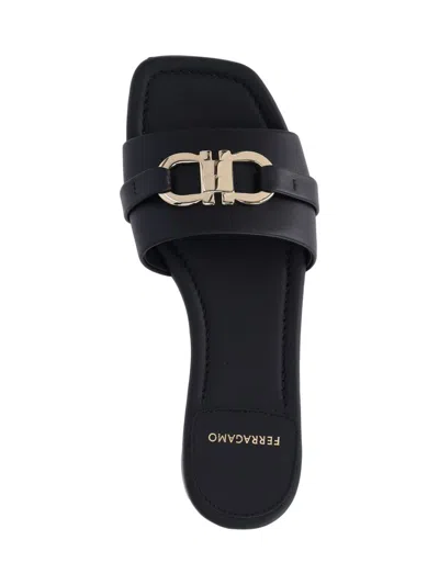Ferragamo 'leah' Black Sandals With Gancini Plate On Front In Black