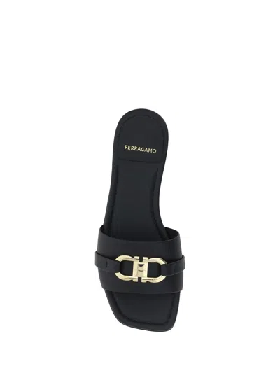 Ferragamo 'leah' Black Sandals With Gancini Plate On Front In Black