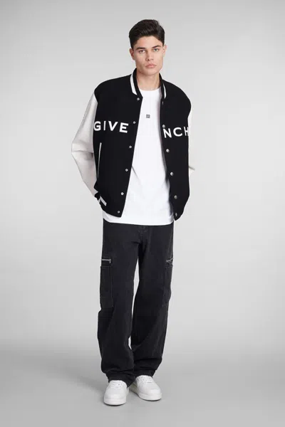 Givenchy Navy Blue And White Bomber Jacket In Wool And Leather In Black