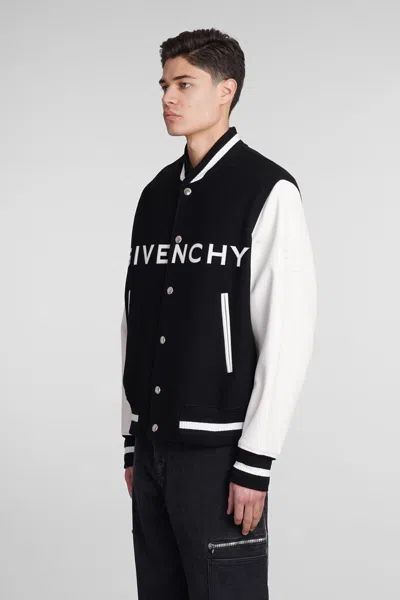Givenchy Navy Blue And White Bomber Jacket In Wool And Leather In Black