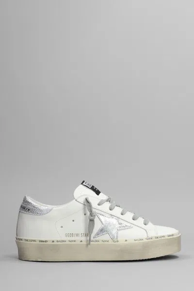 Golden Goose Hi Star Sneakers With Star And Heel Tab In Metallic Silver In White