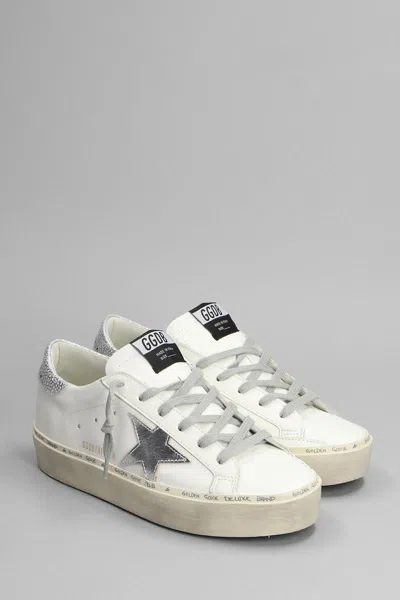 Golden Goose Hi Star Sneakers With Star And Heel Tab In Metallic Silver In White