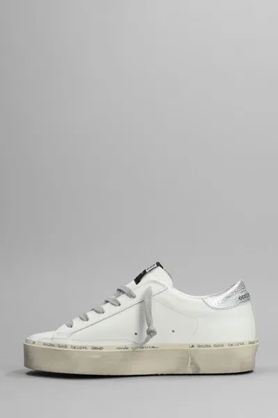 Golden Goose Hi Star Sneakers With Star And Heel Tab In Metallic Silver In White