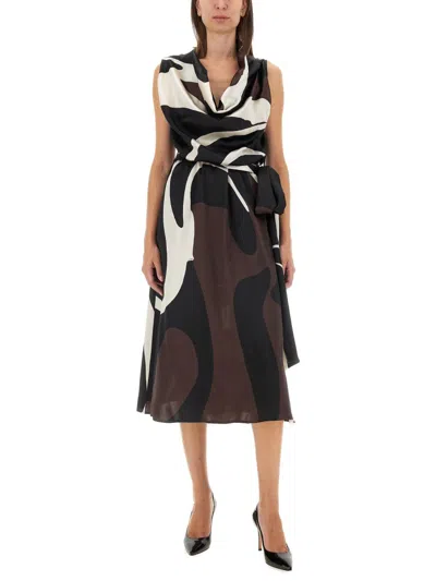 Kiton Draped Neckline Midi Dress With Abstract Pattern In Brown