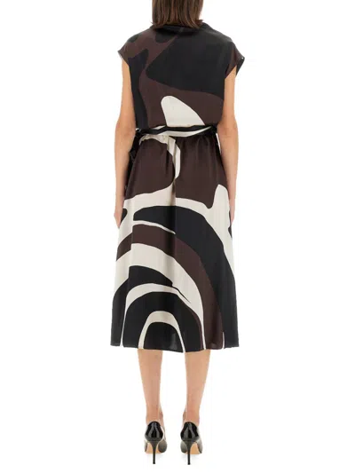 Kiton Draped Neckline Midi Dress With Abstract Pattern In Brown