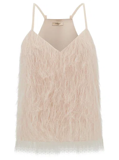 Shop Twinset Light Pink Top With All-over Feathers In Tech Fabric Woman