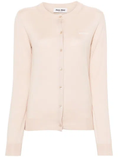 Miu Miu Knitted Logo Cardigan In Beige