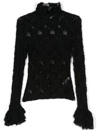 Shop Msgm Cotton Lace Top With Ruffles In Black