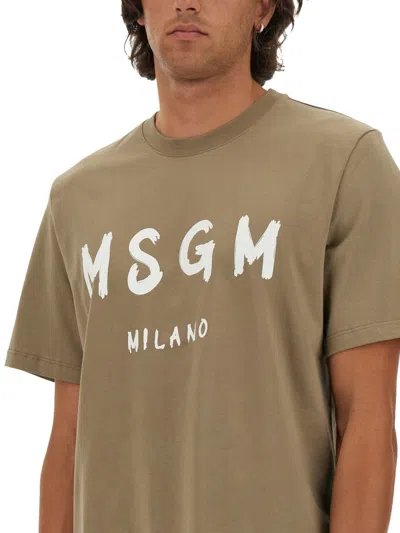 Shop Msgm T-shirt With Brushed Logo Print In Military Green