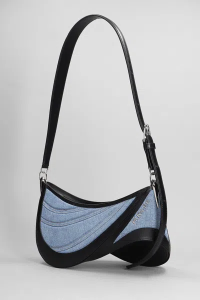 Mugler Shoulder Bag In Blue Leather And Fabric In Blue