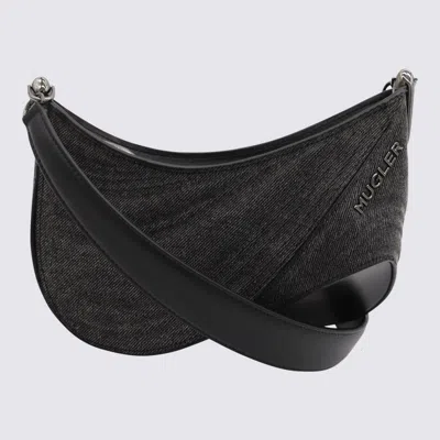 Shop Mugler Washed Black Leather Curve Shoulder Bag