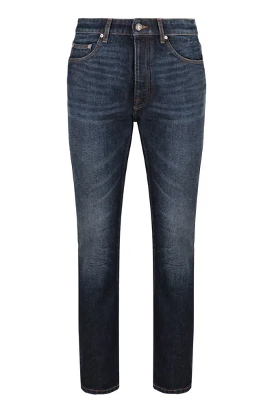 Palm Angels Belt Loops Faded Denim Trousers In Navy