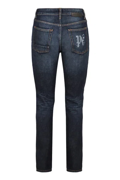 Palm Angels Belt Loops Faded Denim Trousers In Navy