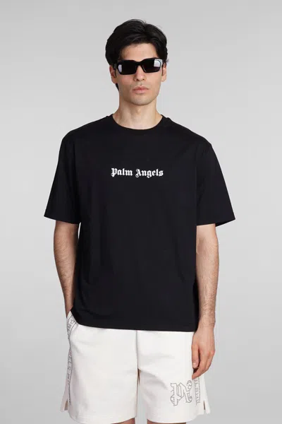 Palm Angels Blue Cotton T-shirt With Palm Print And Logo In Black