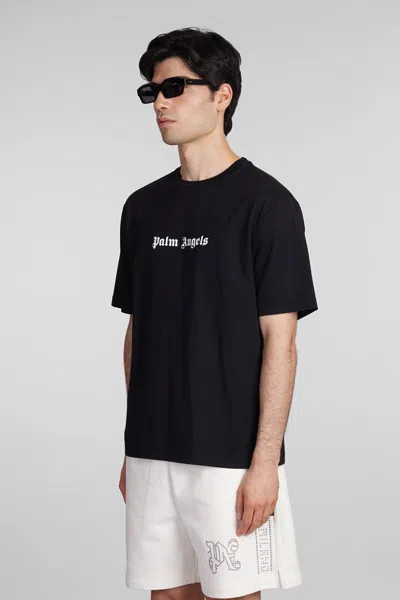 Palm Angels Blue Cotton T-shirt With Palm Print And Logo In Black