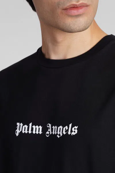 Palm Angels Blue Cotton T-shirt With Palm Print And Logo In Black