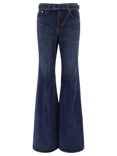 Shop Sacai Belted Flared Jeans In Blue