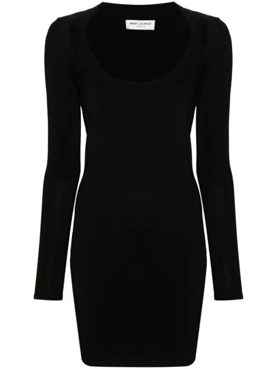 Saint Laurent Plunging Round Neck Long-sleeved Dress In Black