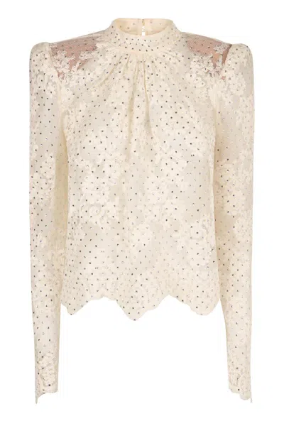 Shop Self-portrait Lace Blouse In Beige