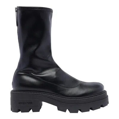 Sergio Rossi Chunky Sole Leather Mid-calf Round Toe Booties In Black