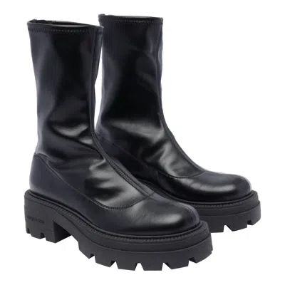 Sergio Rossi Chunky Sole Leather Mid-calf Round Toe Booties In Black