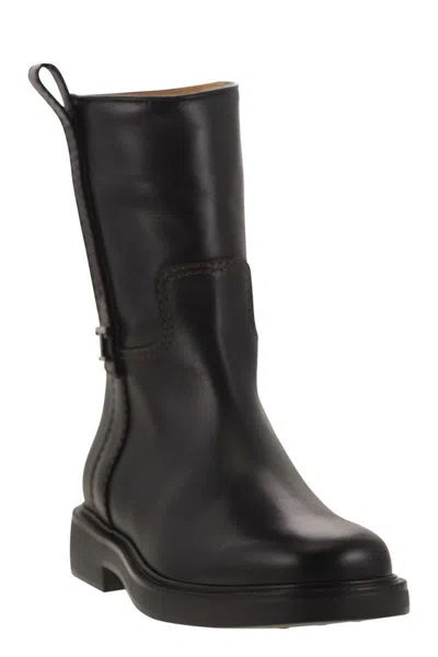 Tod's Refined Black Leather Ankle Boots With Block Heel In Black