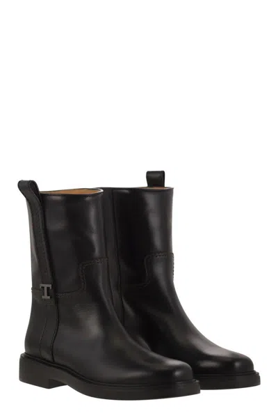 Tod's Refined Black Leather Ankle Boots With Block Heel In Black