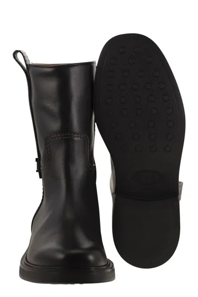 Tod's Refined Black Leather Ankle Boots With Block Heel In Black