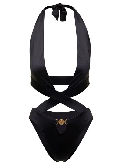Shop Versace Black Tie-fastening One-piece With Medusa Golden Detail In Polyammde Woman