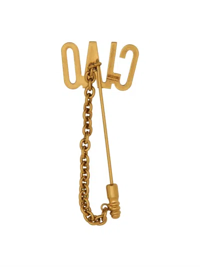 Shop Moschino Brooch With Chain Hello In Gold