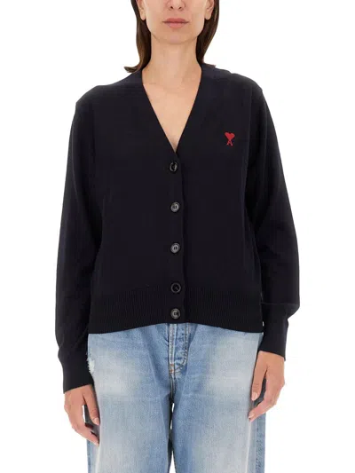 Shop Ami Alexandre Mattiussi Ami Paris Cardigan With Logo In Blue