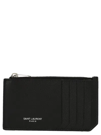 Saint Laurent Fragments Zipped Card Case In Grain De Poudre Leather Accessories In Black